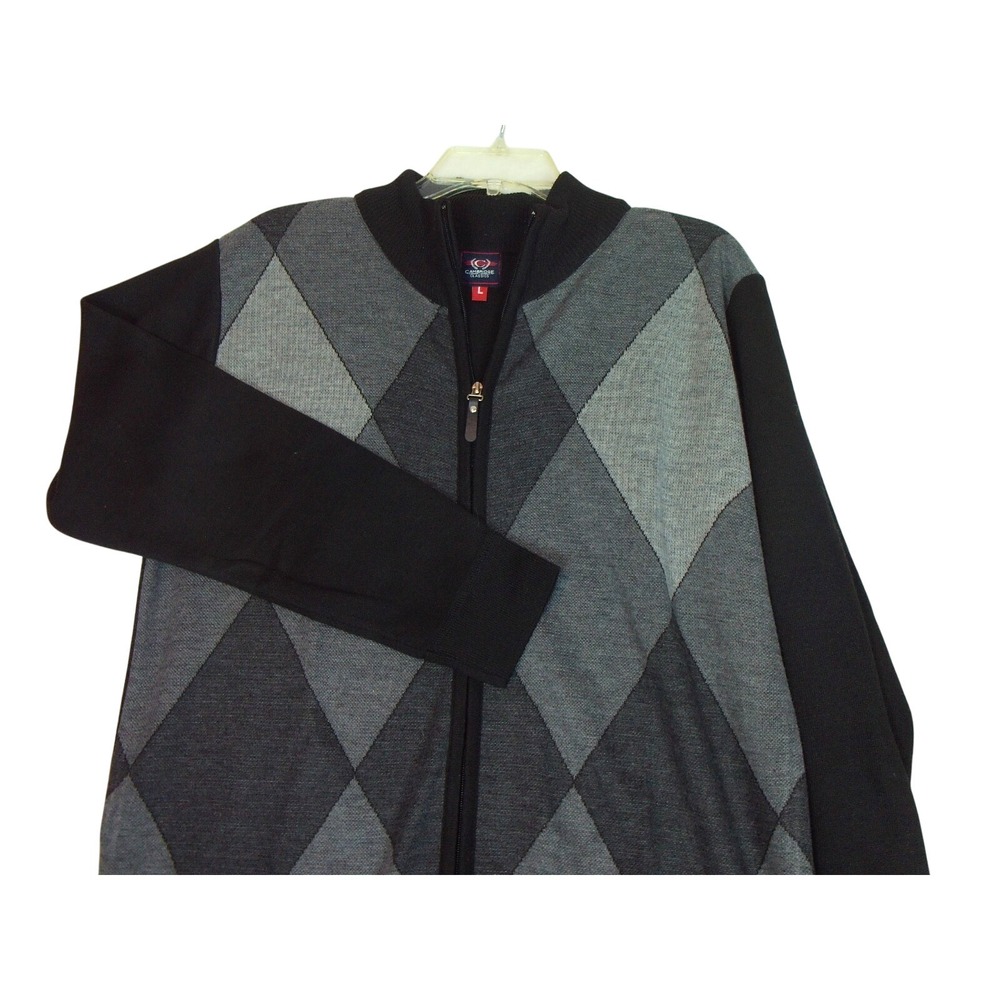 Cambridge Classic Argyle Preppy Black Gray  Full Zip Light‎ Sweater Men's Large